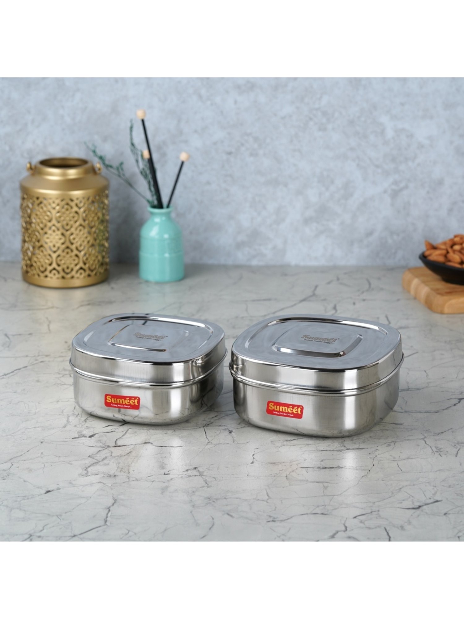 Sumeet S.S.Square Storage container box/Dabba for Kitchen,Set of 2Pc,550ml & 700ml, 11cm & 12.5cm