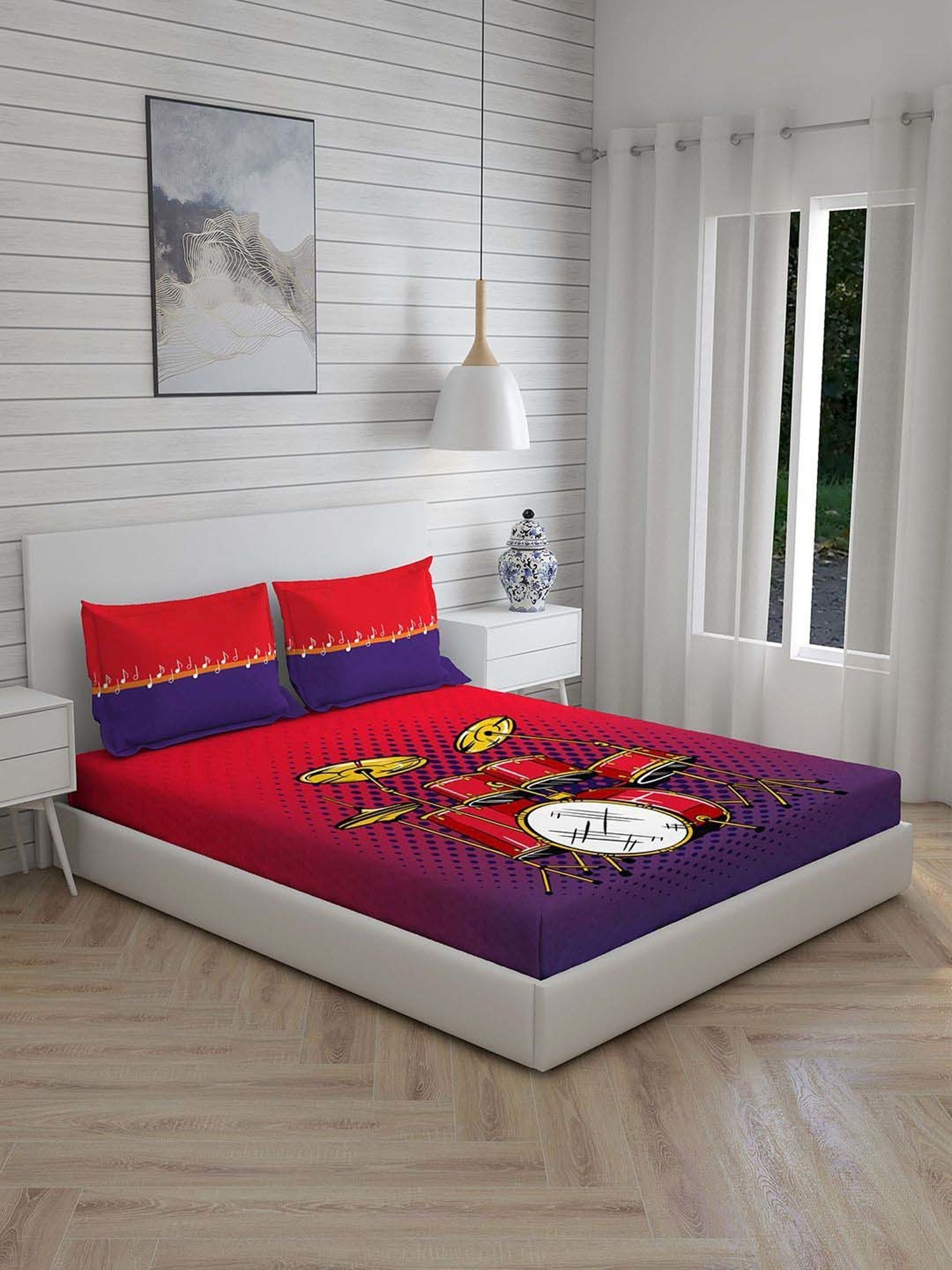 Boutique Living Musically Yours Red & Blue Cotton 140 TC King Size Bed Sheet with Pillow Cover