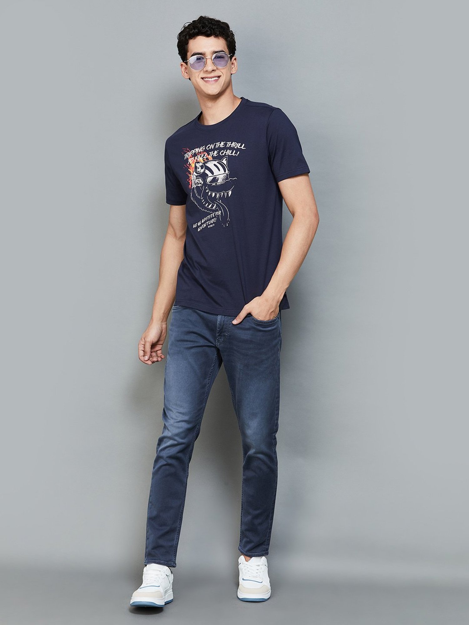 Forca by Lifestyle Navy Regular Fit Graphic Print Crew T-Shirt