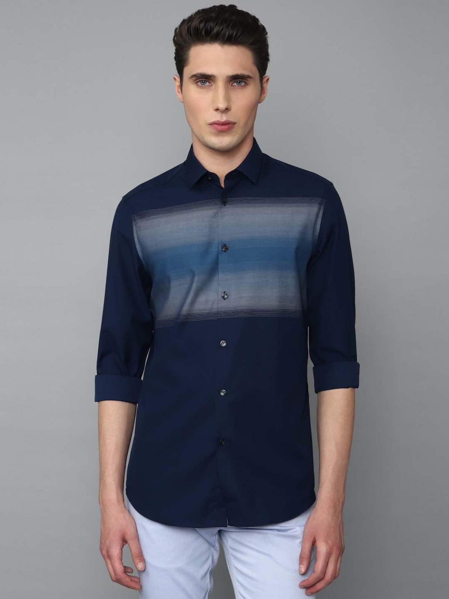 Louis Philippe Sport Navy Cotton Regular Fit Striped Shirt