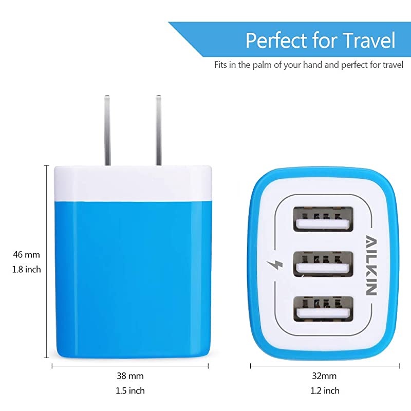 USB Charger Multi Port  Micro USB Charger Charging Block USB Wall Plug Travel Charger Outlet Fast Charger Brick USB Charging Block Compatible iPhone iPad iPhone and iWatch Blue3Port