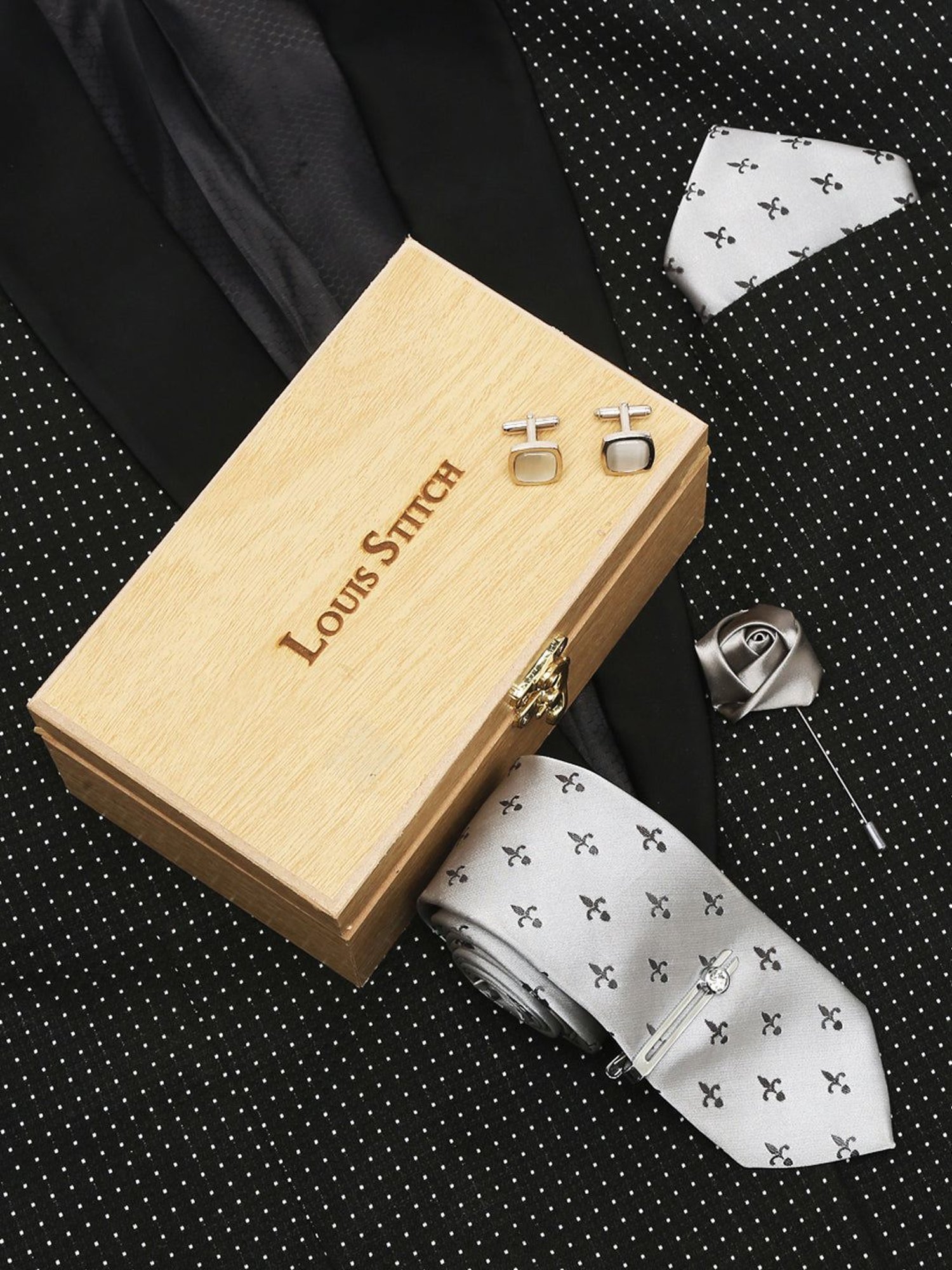 Louis Stitch Grey Printed Necktie Gift Set - Set of 5