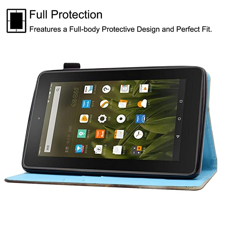 Case for  Kindle Fire 7 5th Generation 2015 Release Synthetic Leather Magnetic Closure Stand Cover with Card Slots for 2015 Fire 7 Display ONLY Blue Tree