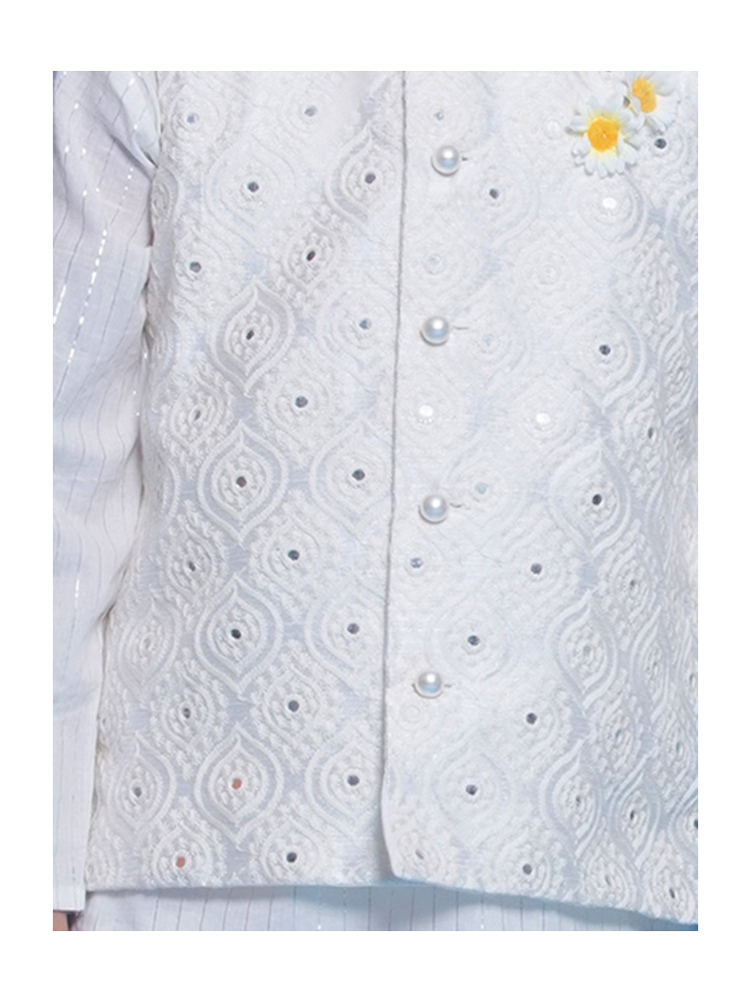 Little Bansi Kids Off White Embroidered Full Sleeves Kurta, Dhoti with Nehru Jacket
