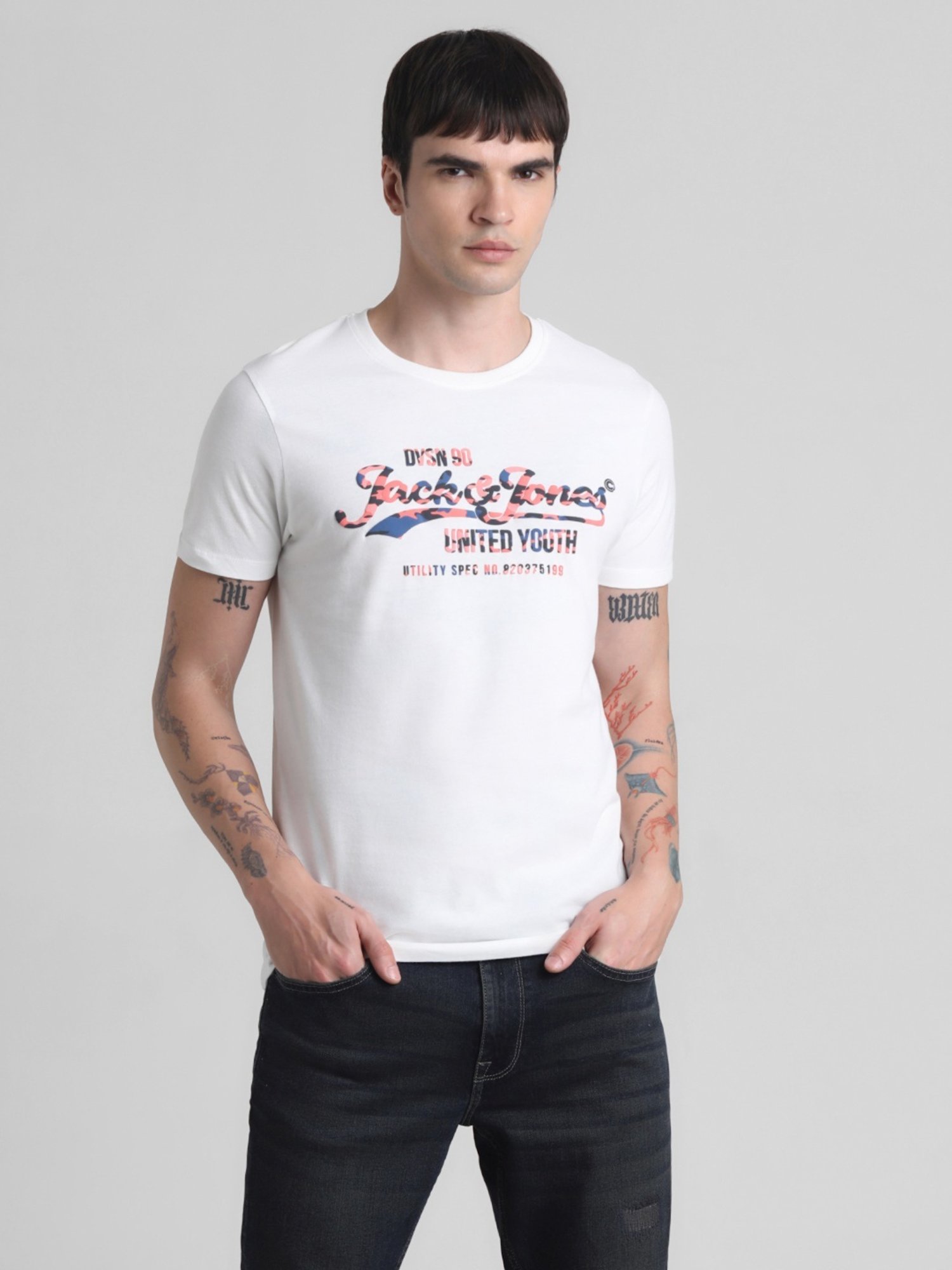 Jack & Jones Cloud Dancer Cotton Slim Fit Printed T-Shirt