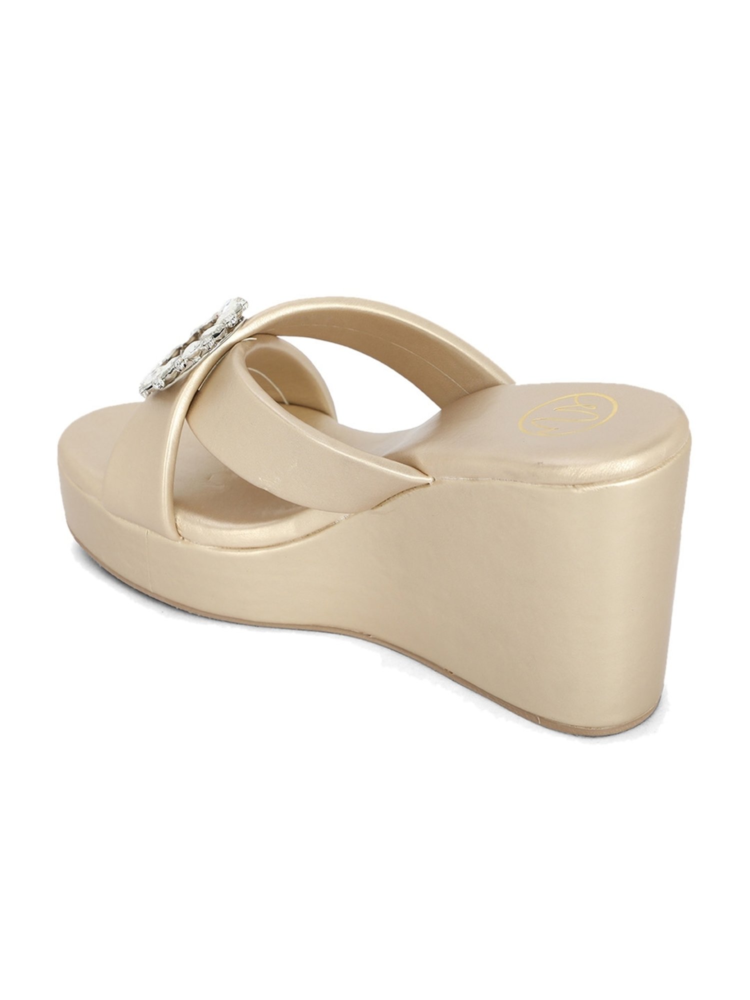 NR by Nidhi Rathi Women's Golden Cross Strap Wedges