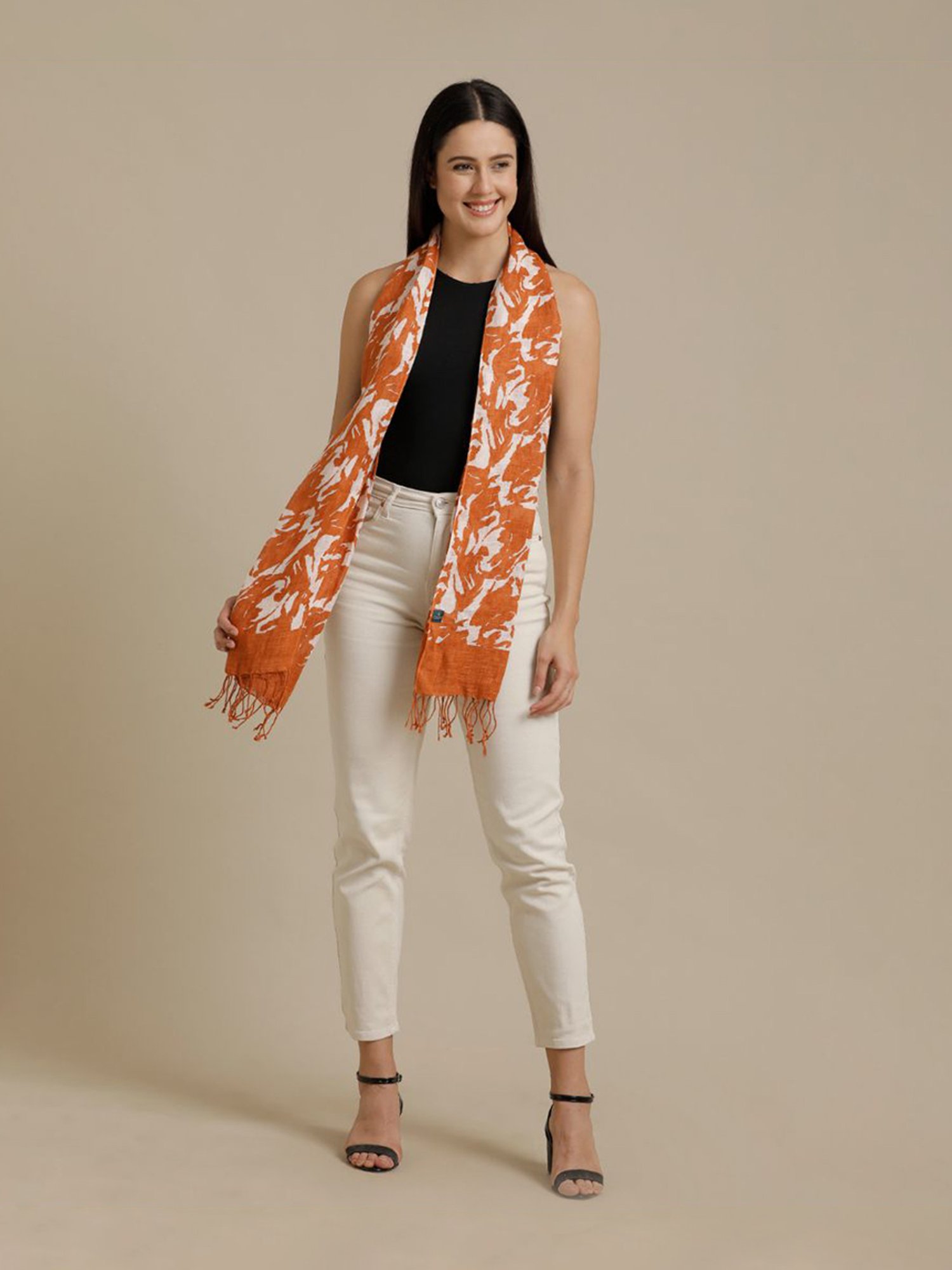 Linen Club Orange Printed Pure Linen Stole