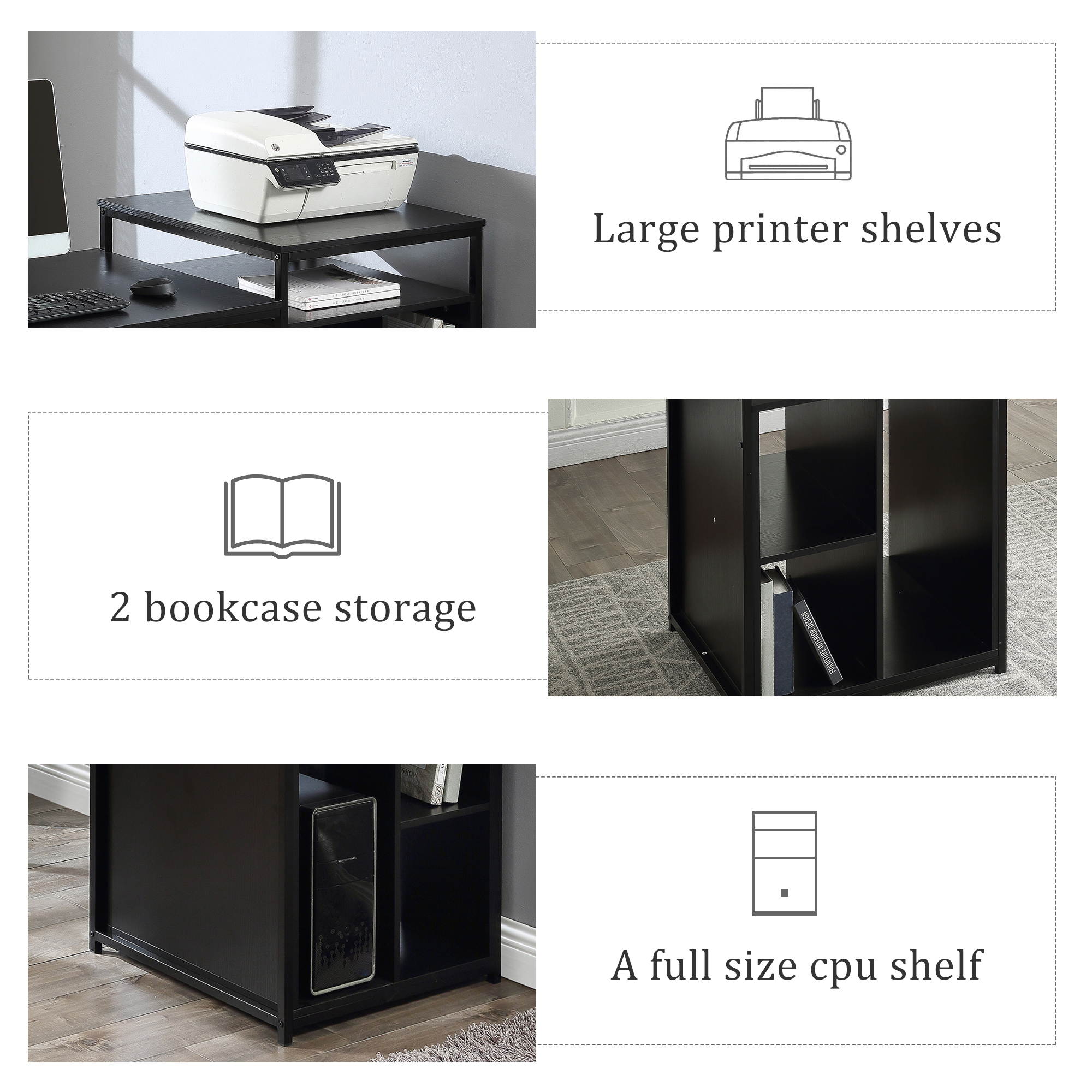 Home Office Computer Desk Writing PC Table Gaming Desk with Storage Shelf CPU storage space and Printer Stand Space Saving Design