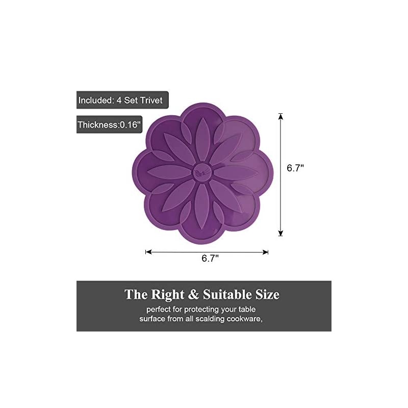 Silicone Trivet Mat [4 Set] Centaury Pot Holders, Hot Pads For Pots & Pans, Jar Opener, Spoon Rest & Coasters Heat Resistant Non Slip Flexible & Durable - Diameter:6.7'' (Deep Purple)