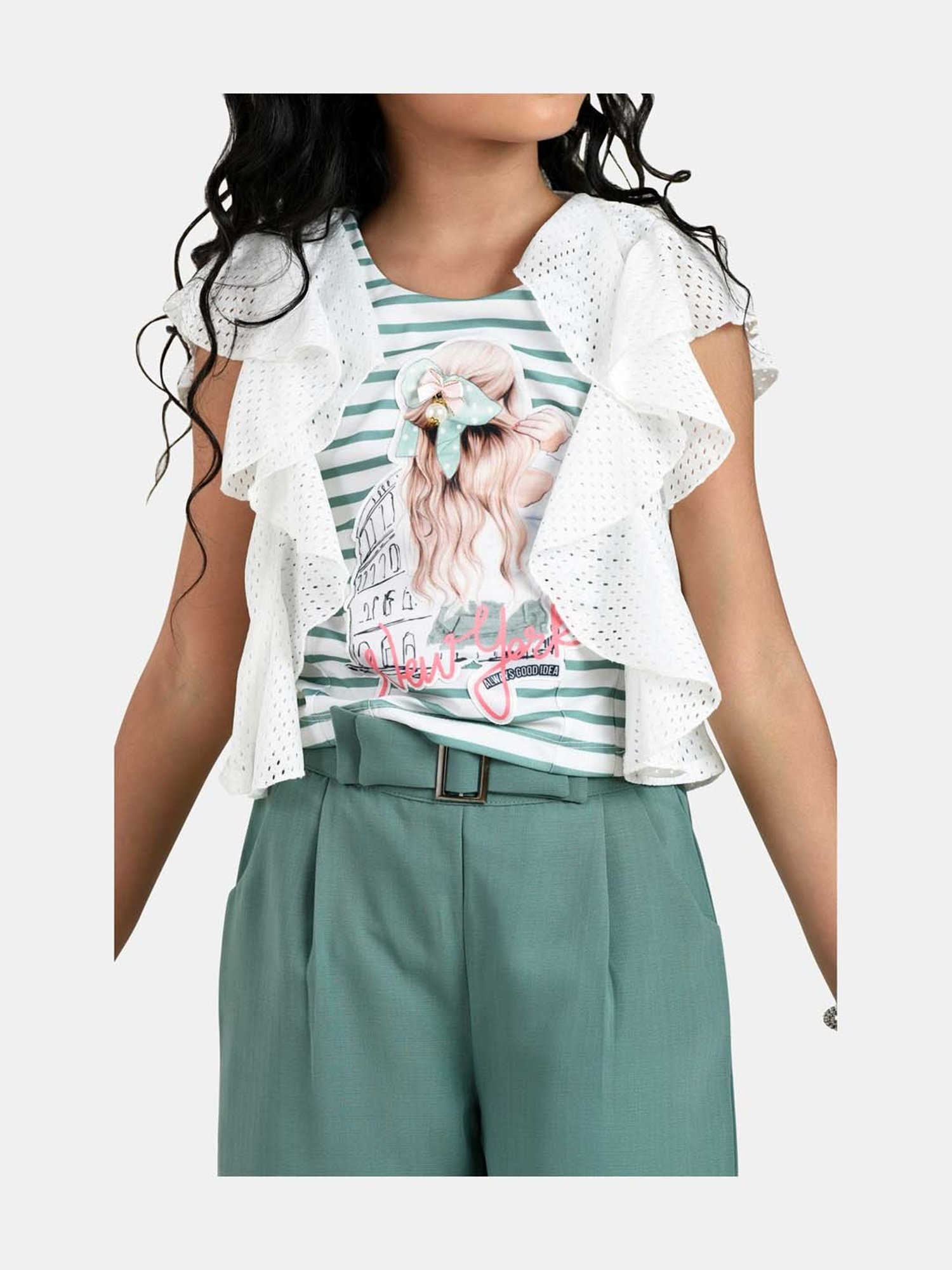 Peppermint Kids Green & White Printed Top Set