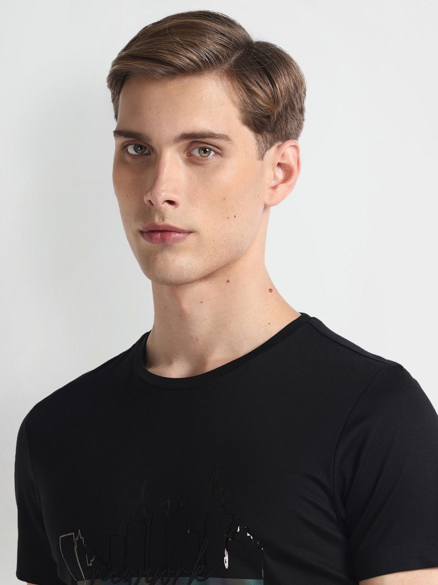 Arrow Newyork Black Cotton Regular Fit Printed T-Shirt