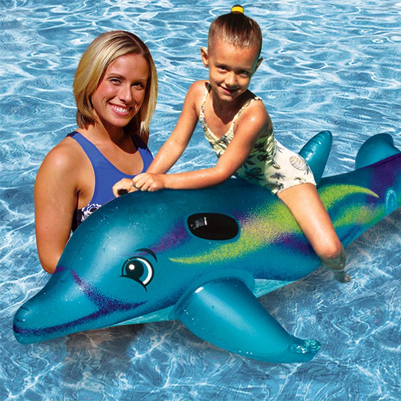 Swim Central 72" Ride-On Jumbo Dolphin 1-Person Inflatable Swimming Pool Float  - Aqua Blue/Lime Green