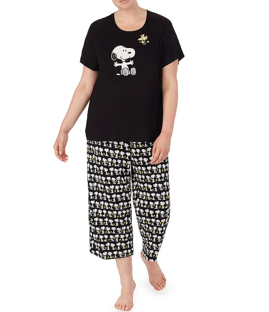 Peanuts Plus Snoopy & Woodstock Appliqued Solid Jersey Knit Coordinating Sleep Tee