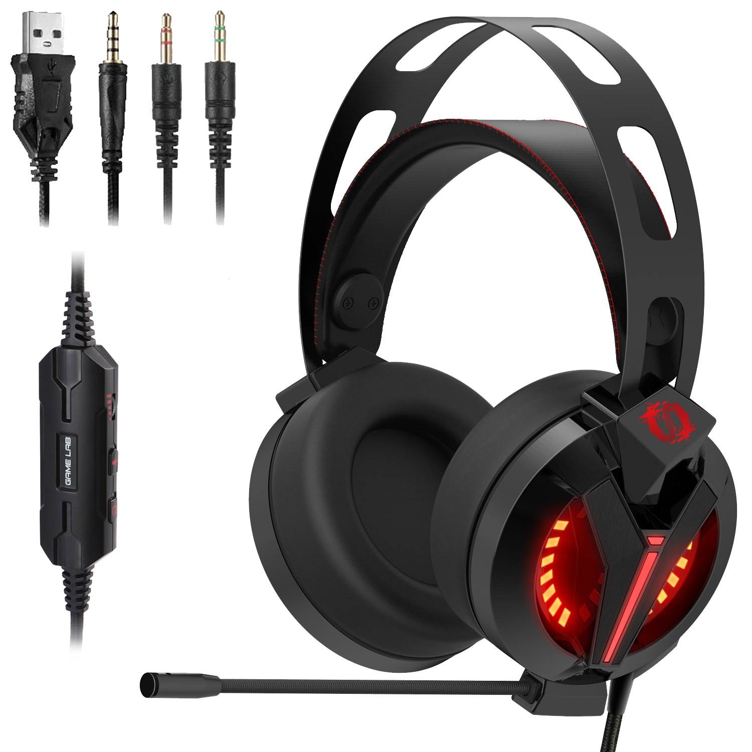 Game Lab G980 Phantom LED Gaming Headset Bundle w/ Vortex 5-Fan Laptop Cooler (Red)