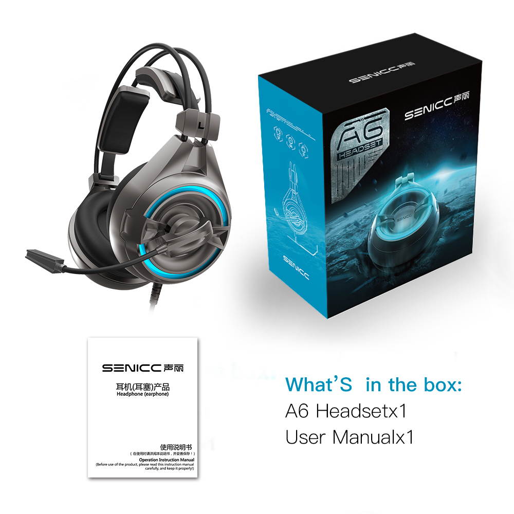 SENICC A6 Wired USB LED PS4 Gaming Headset, Noise Isolation PC Games Headphones, Flying Wing Design, Rotatable Microphone