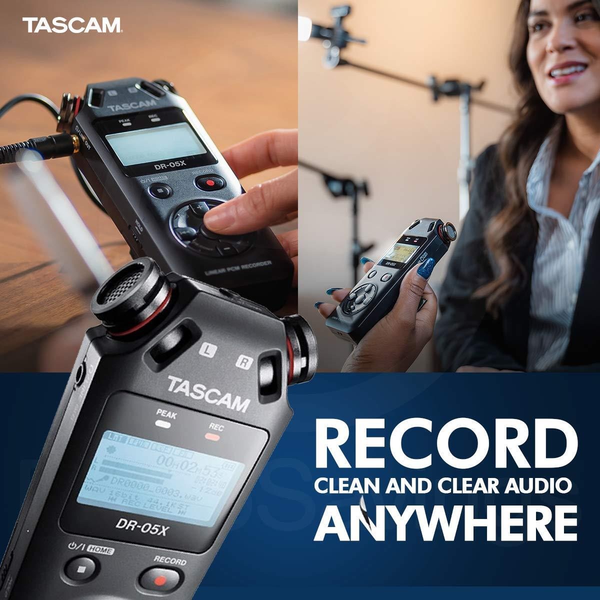 Tascam DR-05X Stereo Handheld Digital Audio Recorder with USB Audio Interface + XPIX Microphone + Basic Accessories Bundle