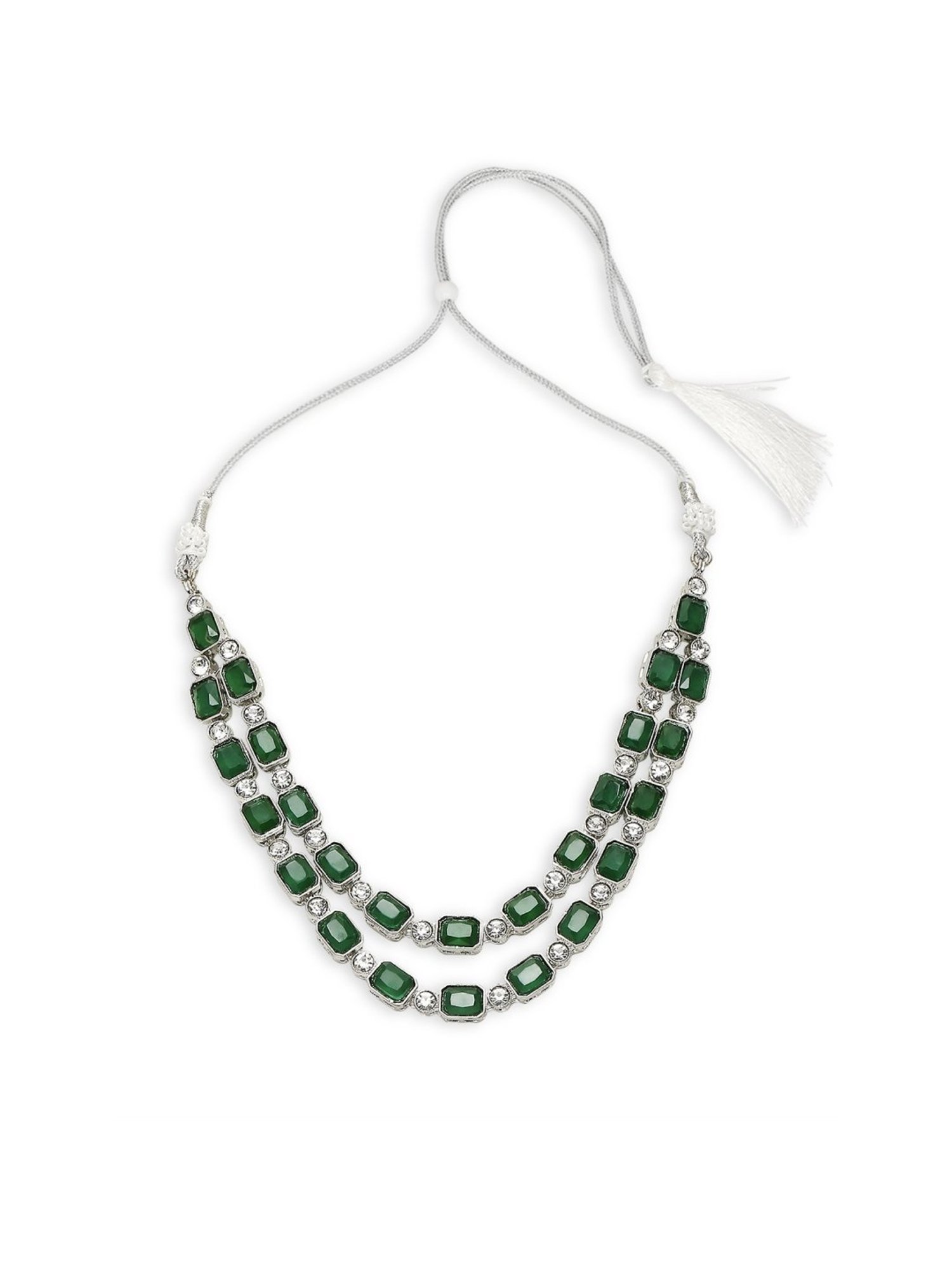 OOMPH Green Multi Layer American Diamond Necklace Set with Earrings