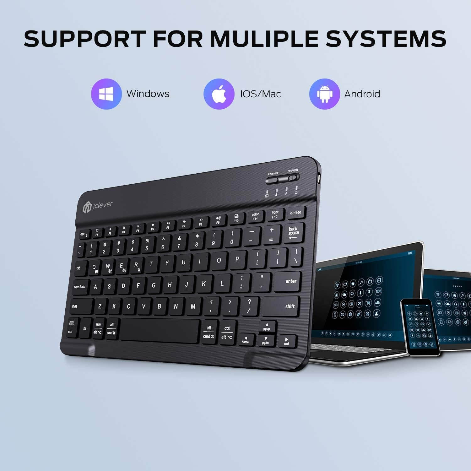 Bluetooth Keyboard iClever BK04 Wireless Keyboard with LED Backlit 7-Colors, Multi-Device Bluetooth Backlit Keyboard, Ultra Slim Quiet Typing Portable Keyboard for Mac iPad iOS Tablets and Laptops