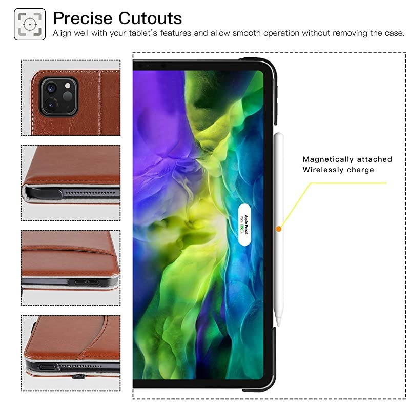 for iPad Pro 11 Case 2nd Generation 2020 Release Premium Leather Smart Folio Case + Support Pencil Pair Charging + Auto WakeSleep + Multiple Viewing Angles Cover Brown