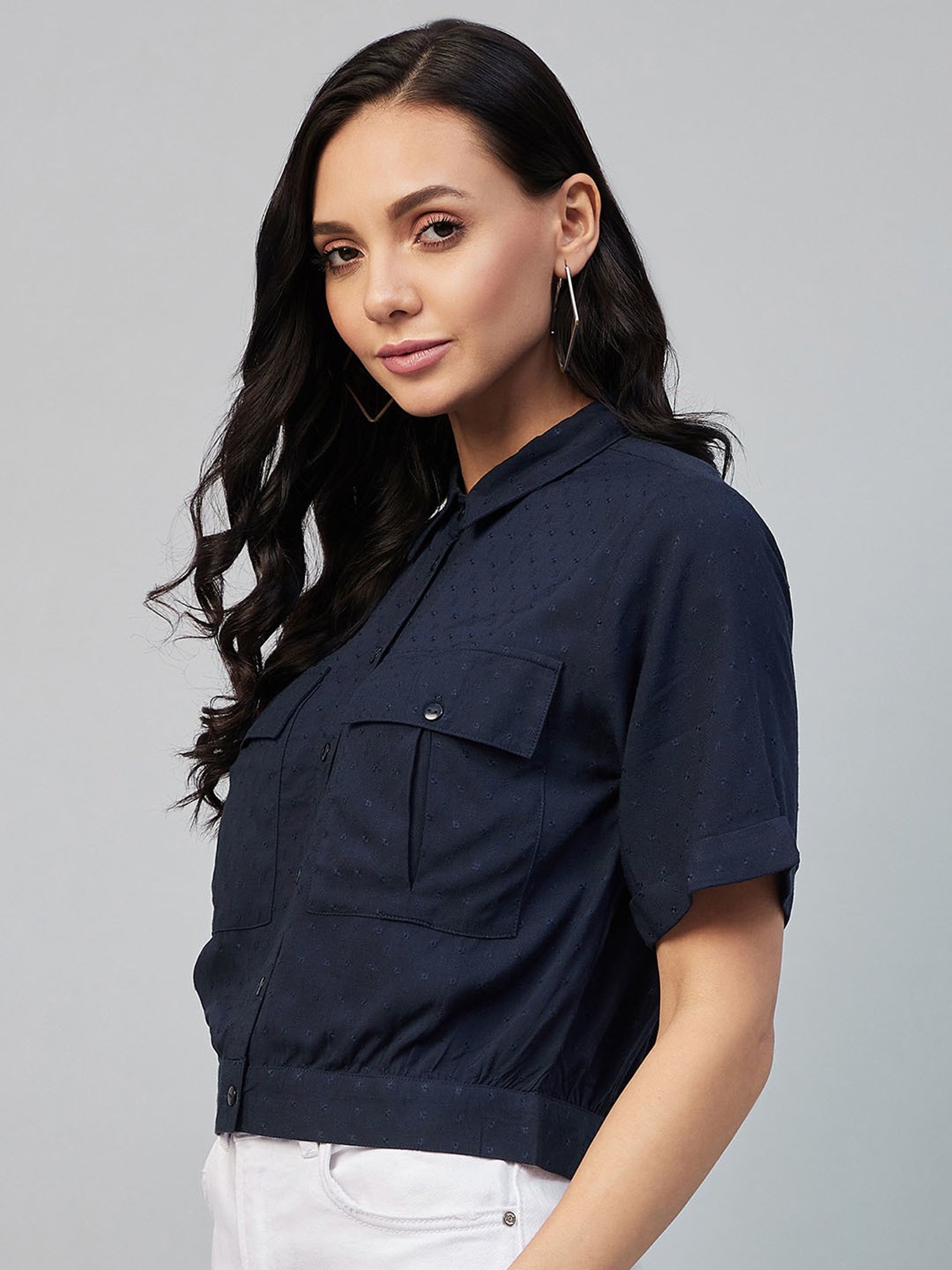 Marie Claire Navy Self Design Shirt