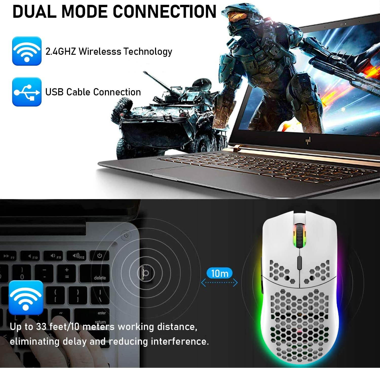 Wireless Gaming Mouse Lightweight Honeycomb Design 3200 DPI Rechargeable Gaming Mouse with 16 Rainbow Backlit, USB Receiver,Compatible with PC Gamers and Xbox and PS4 Users(White)