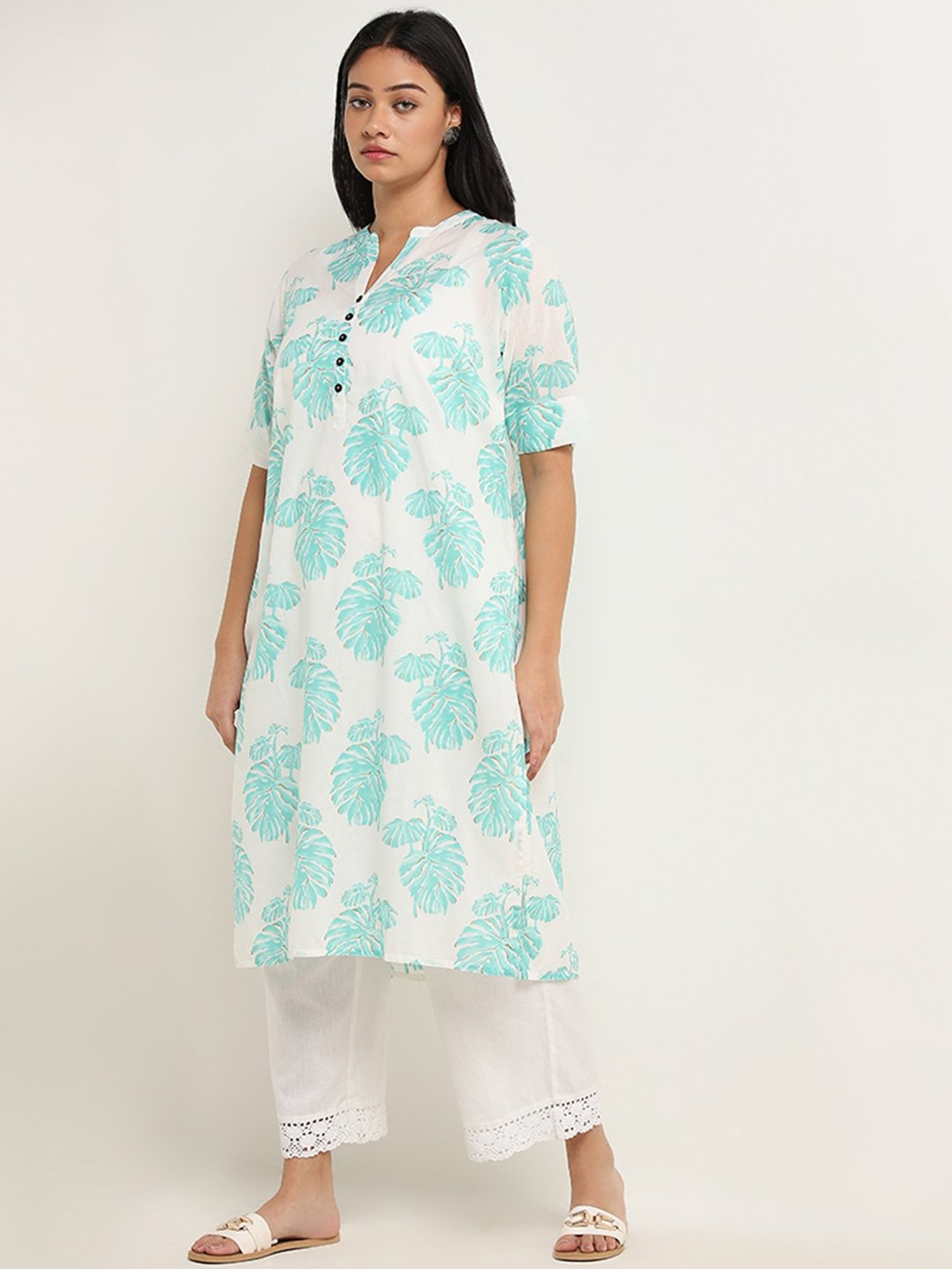 Diza by Westside Turquoise Leaf Printed Straight Cotton Kurta