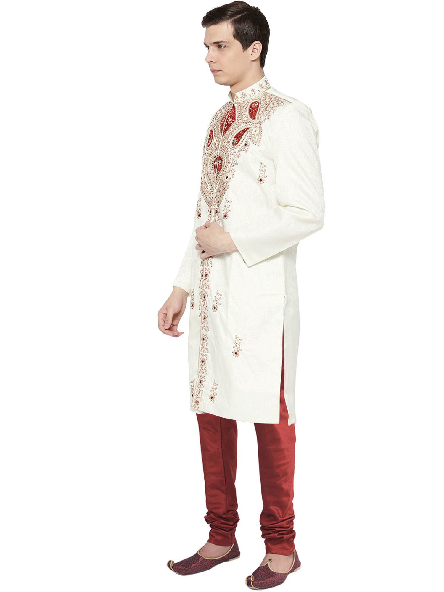 SG LEMAN Cream Regular Fit Embellished Sherwani Set