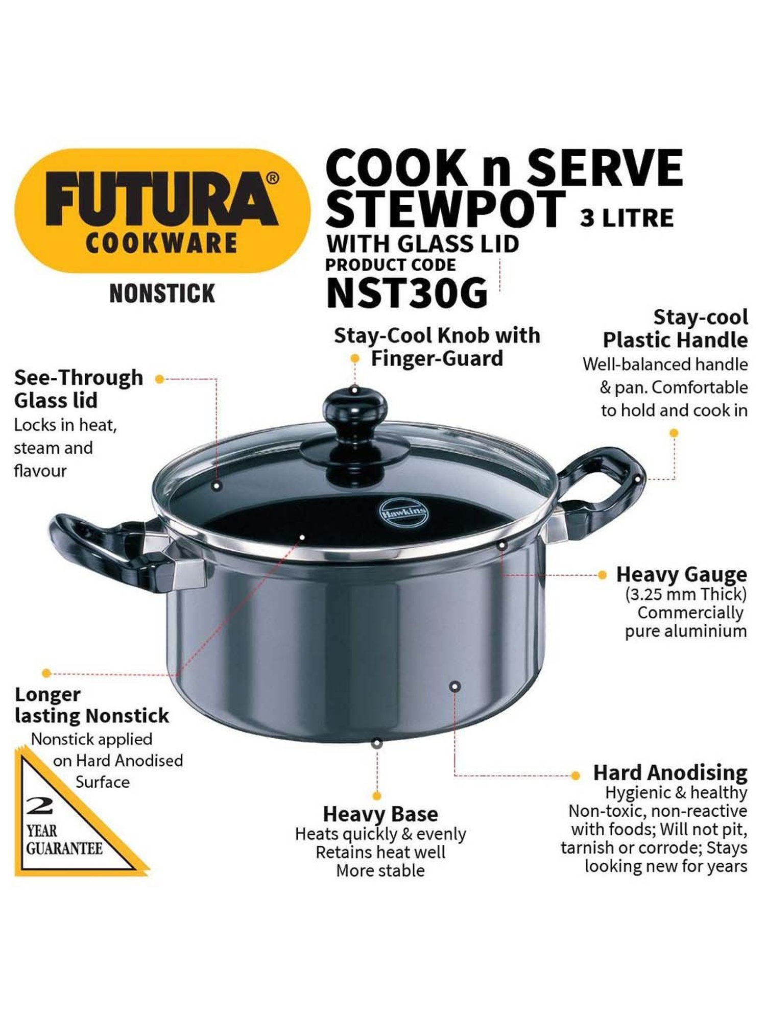 Hawkins Futura Black Nonstick Aluminium 20 cm Cook & Serve Stewpot with Glass Lid, 3 L