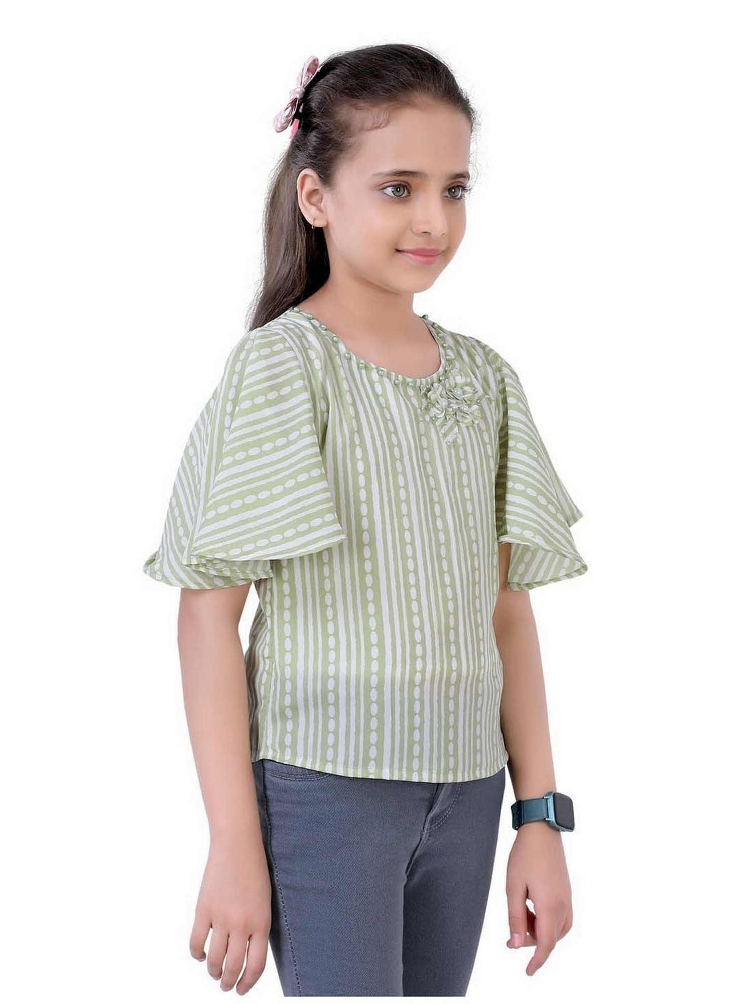 poplins Kids Green & Off-White Cotton Printed Top