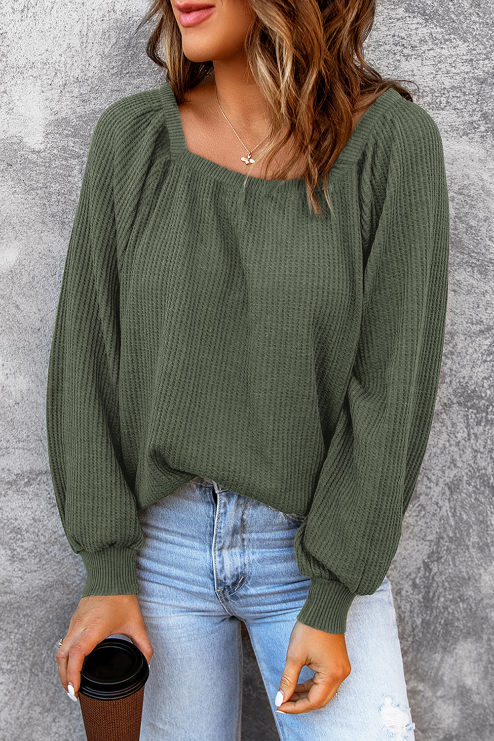 Green Plain Waffle Knit Bishop Sleeve Square Neck Top
