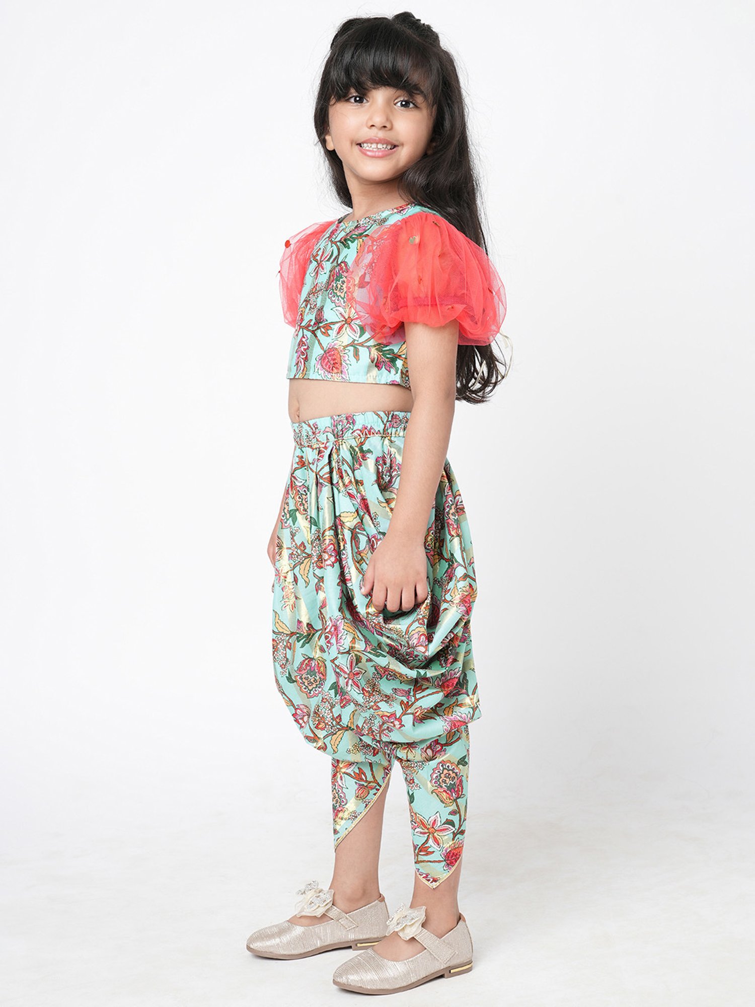 Lil Drama Kids Mint Green Floral Print Crop Top With Dhoti