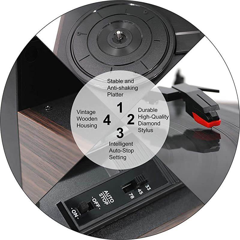 Turntable Music Center with Builtin Stereo SpeakersNostalgic Classic Wood Bluetooth Record Player with USB PlayampEncodingCD Player and FM Radio