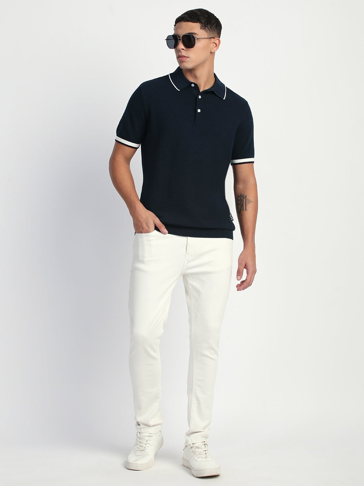 The Bear House Blue Cotton Regular Fit Self Pattern Polo T-Shirt