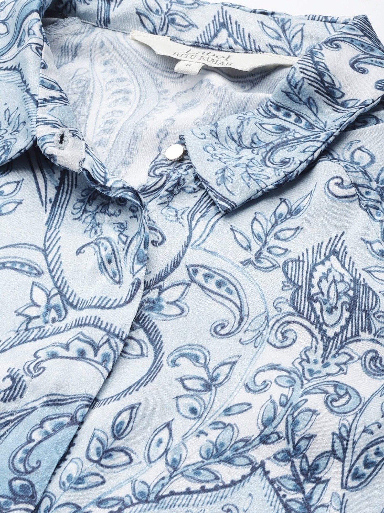 Label Ritu Kumar Blue Satin Printed Asymmetric Satin Shirt