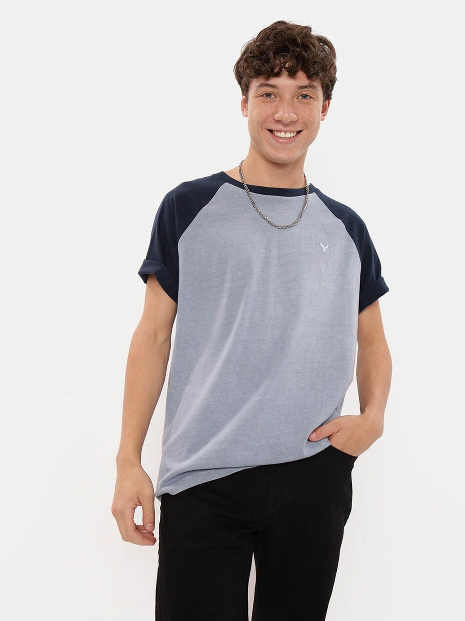 American Eagle Grey Cotton Regular Fit Colour Block T-Shirt