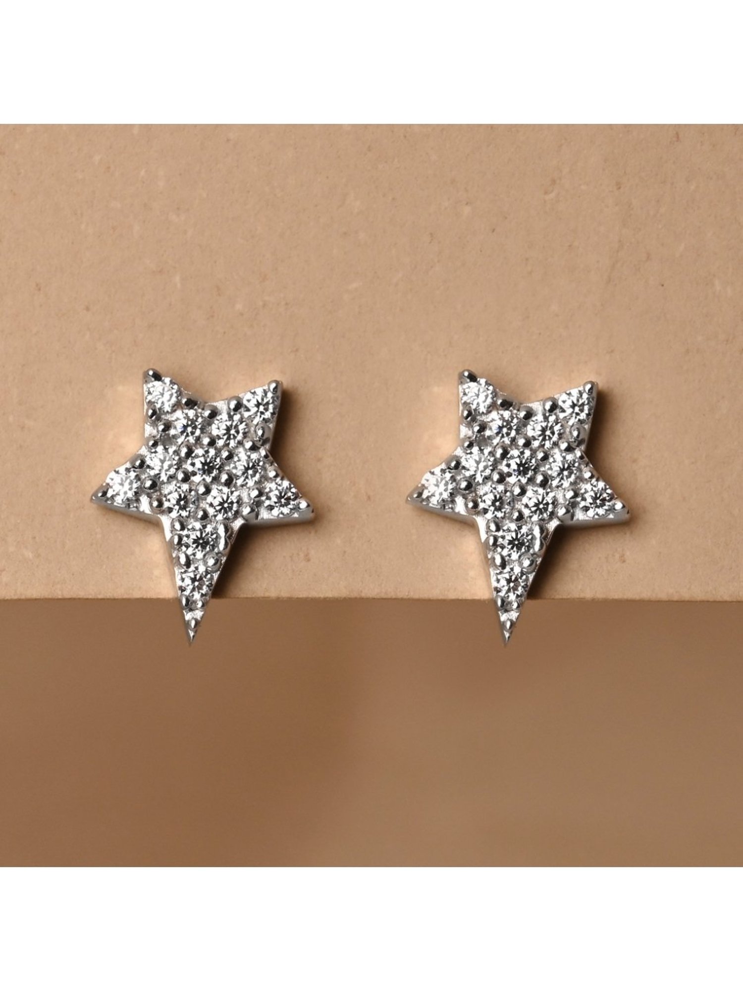 Clara 92.5 Sterling Silver Rhodium-Plated Swiss Zirconia Star Stud Earrings for Women & Girls