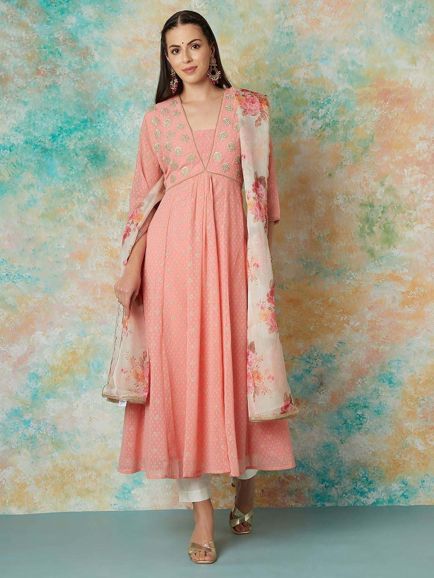 Melange by Lifestyle Peach Embroidered Kurta & Pant Set With Dupatta