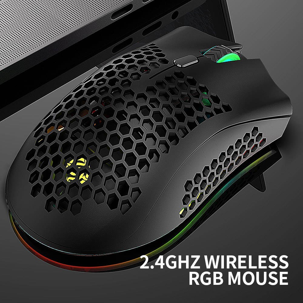 2.4G Wireless Gaming Mouse Rechargeable Mouse with RGB Light Effect 3 Adjustable DPI Hollowed-out Honeycomb Design