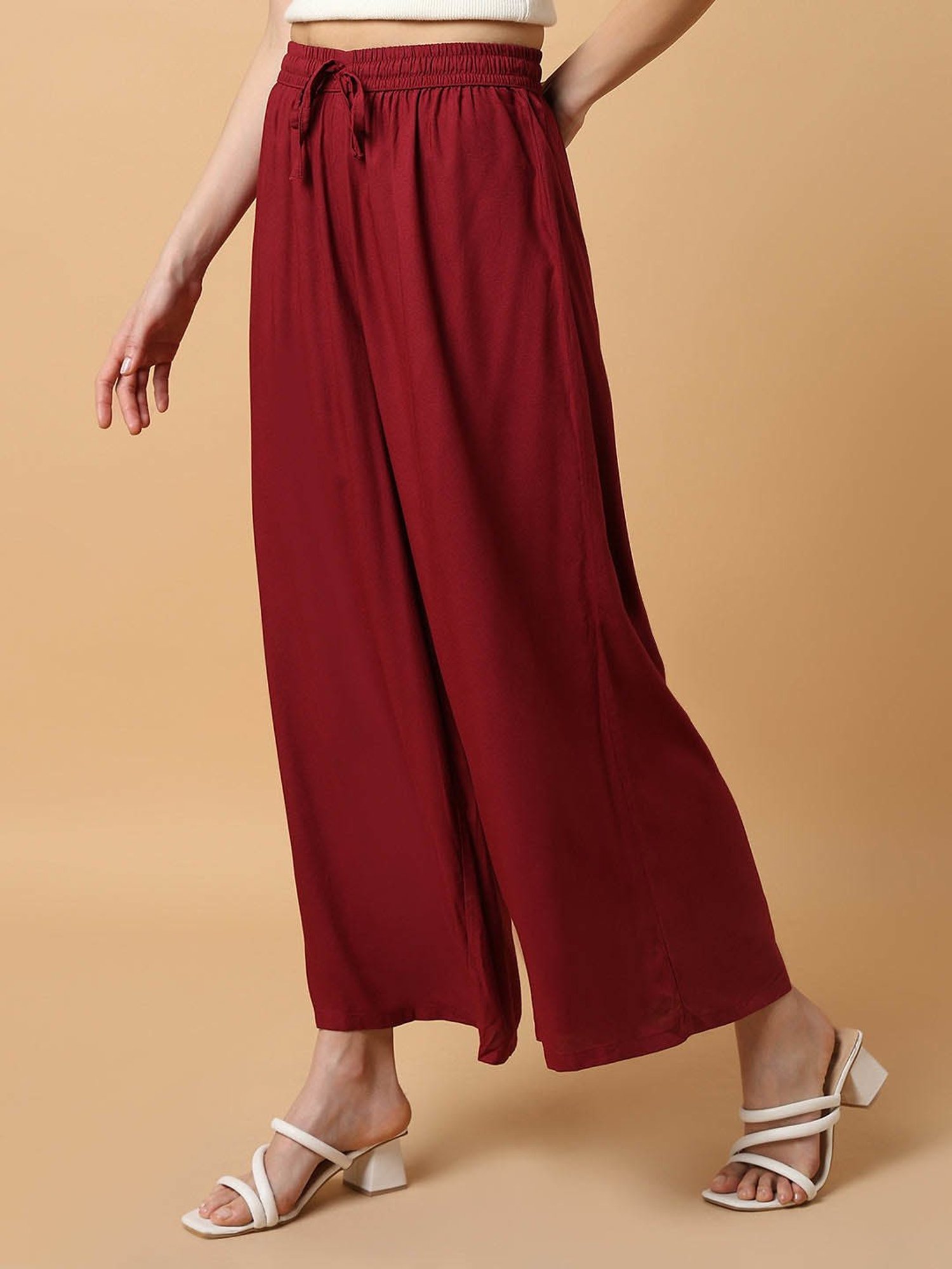 SHOWOFF Maroon Cotton Straight Fit Mid Rise Pants