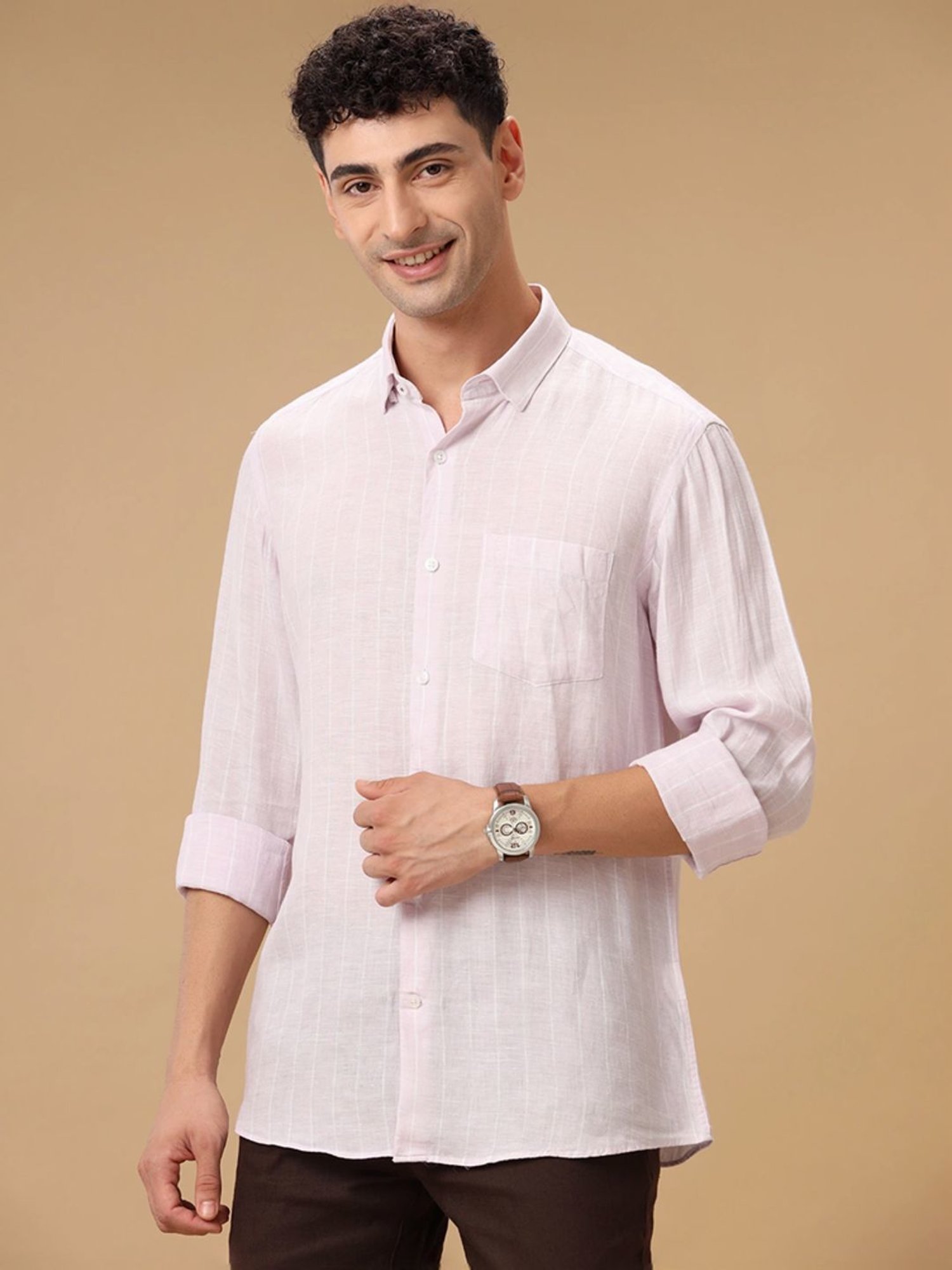 Linen Club Purple Linen Contemporary Fit Striped Shirt