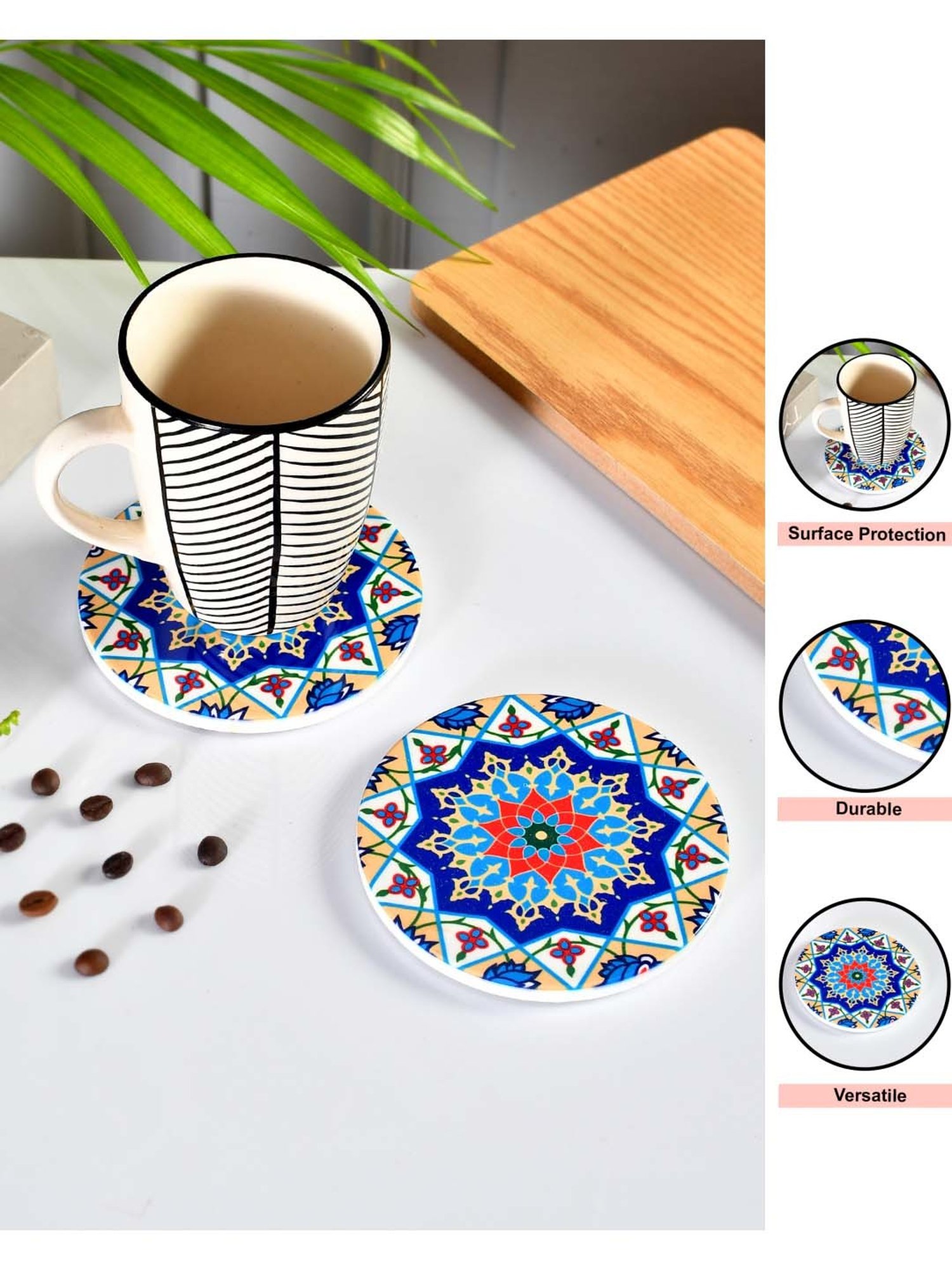 Crayton Hexagon Beige Geometric MDF Coaster - Set of 4