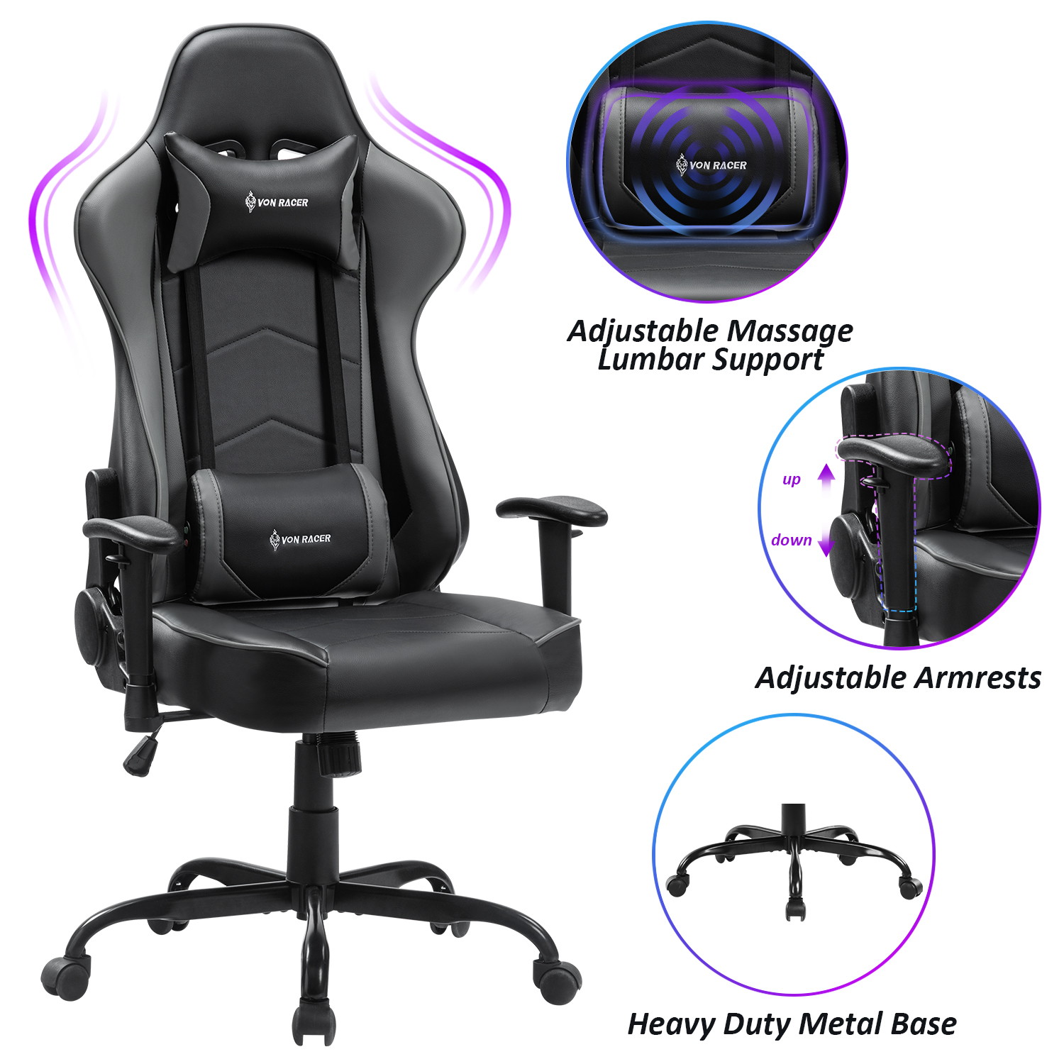 Gaming Chair, Racing Style Computer Desk Chair Padded Armrests Ergonomic Lumbar Support Adjustable Height