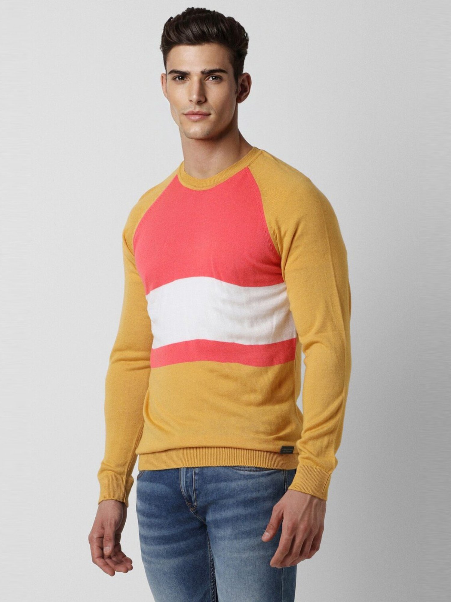 Peter England Yellow Cotton Regular Fit Colour Block Sweater