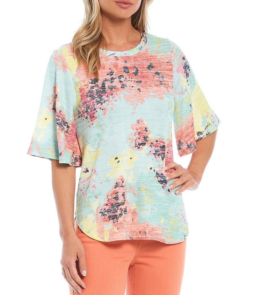Westbound Petite Size Blur Floral Print Flounce Sleeve Top