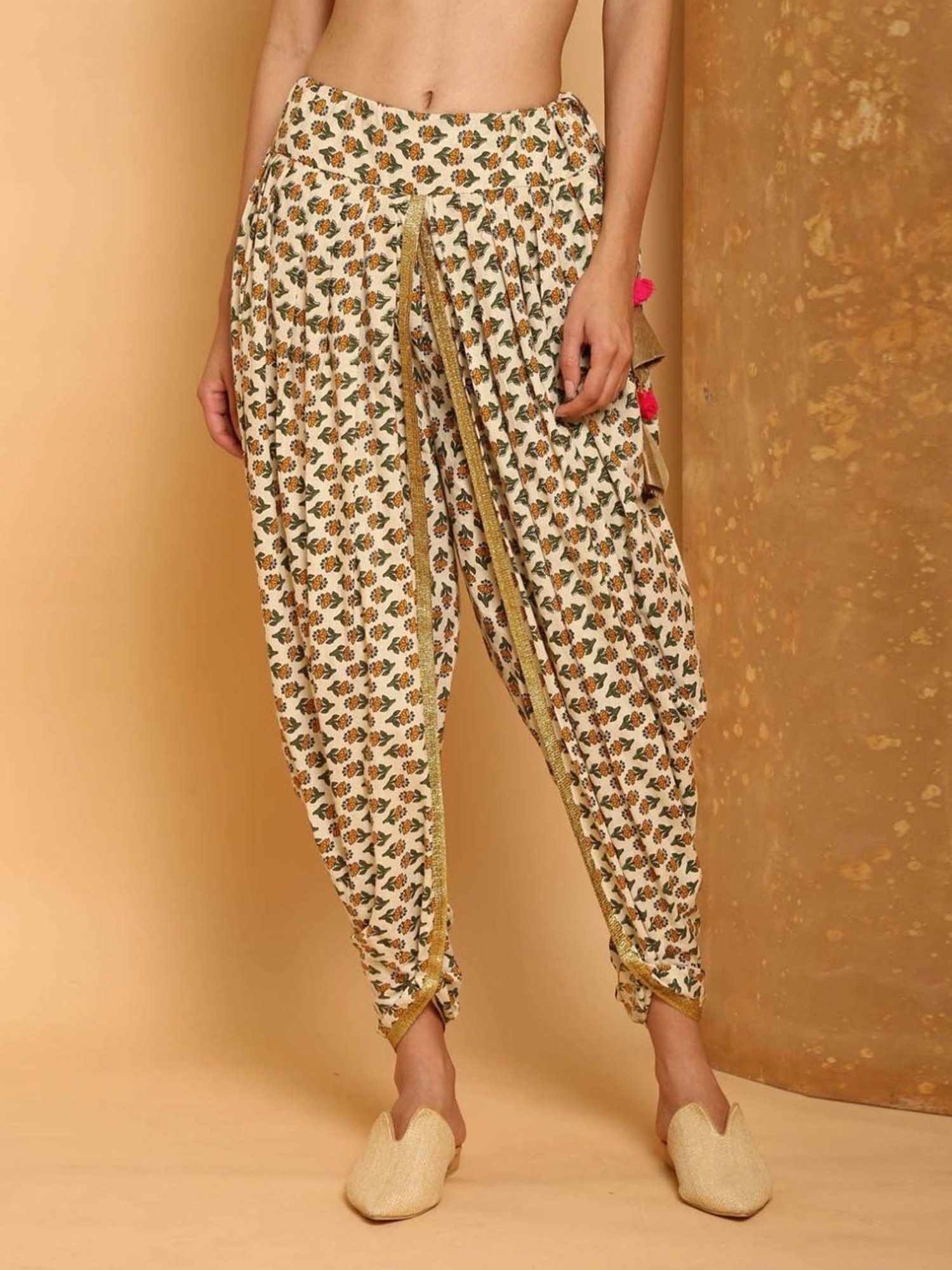 Kaanchie Nanggia Off White Cotton Floral Dhoti Pants