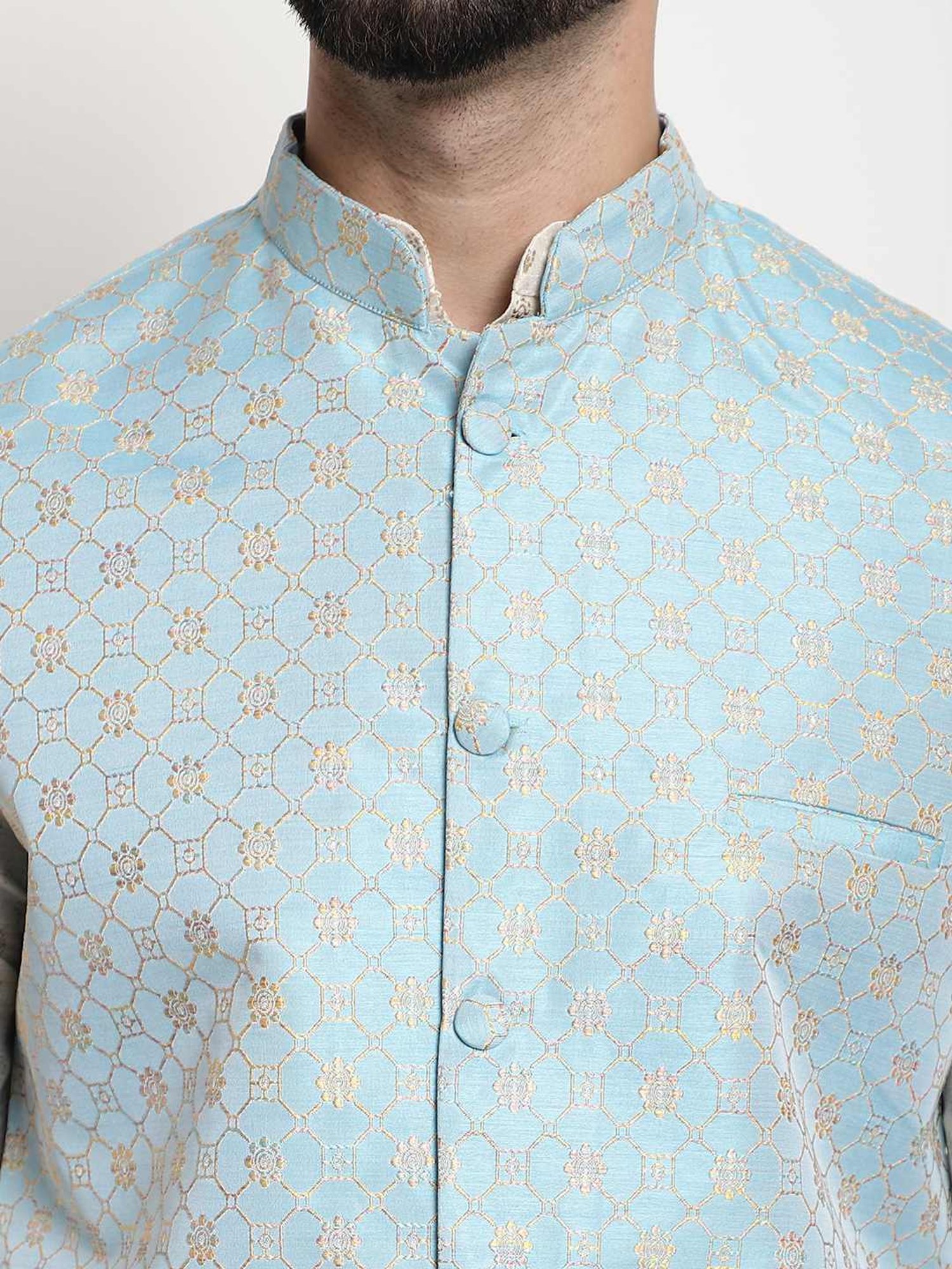 Sojanya Sky Blue Regular Fit Jacqard Nehru Jacket