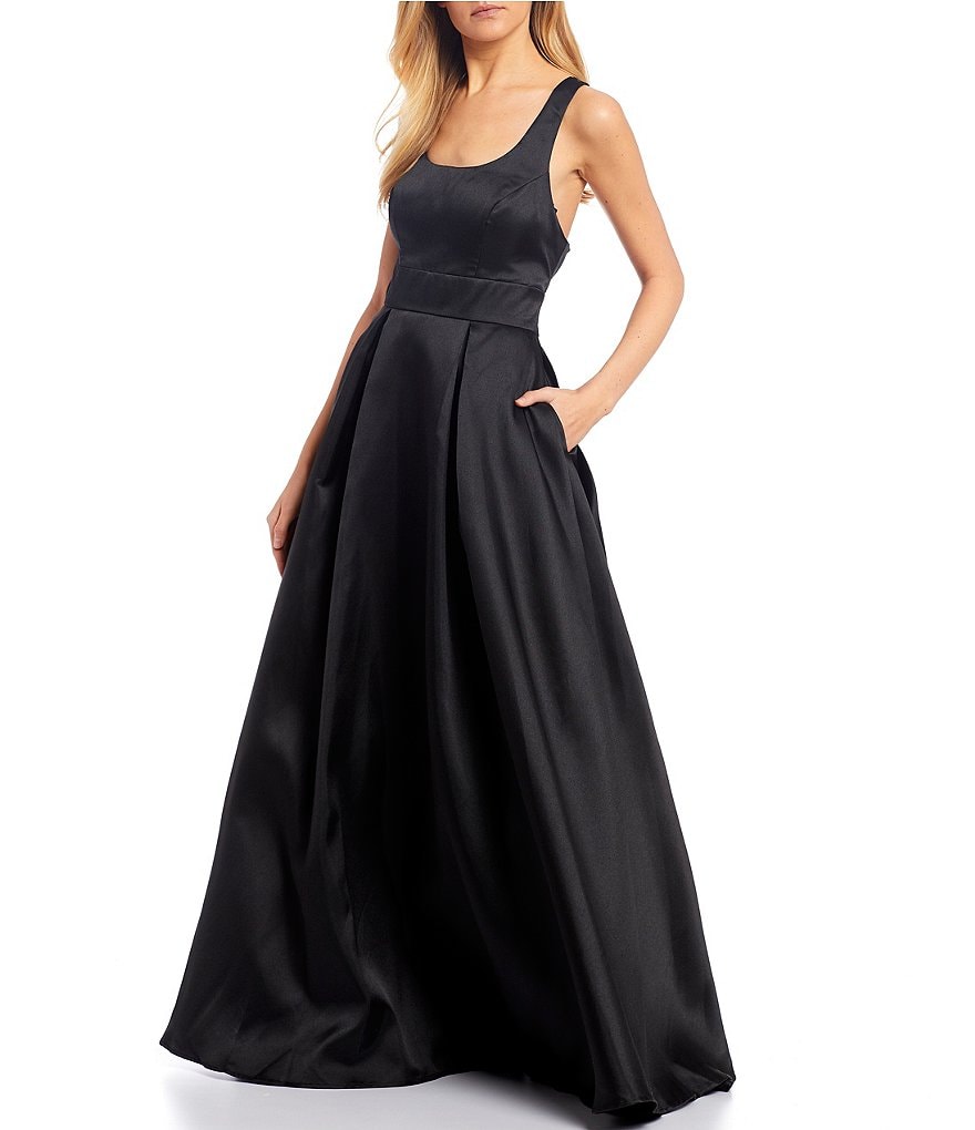 Sequin Hearts Scoop Neck Satin Racer-Back Ball Gown