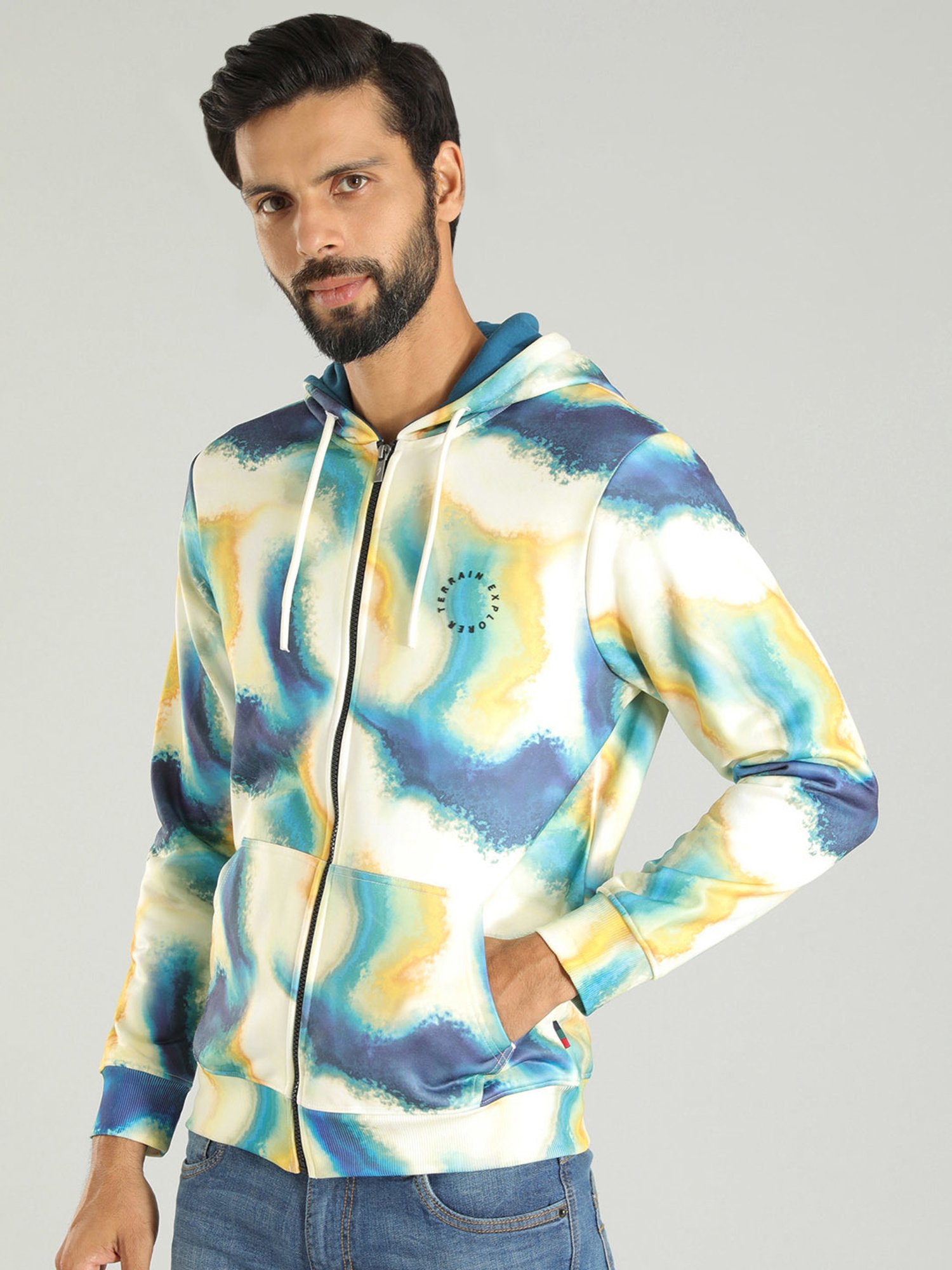 Indian Terrain Multicolor Regular Fit Abstract Print Hooded Sweatshirt