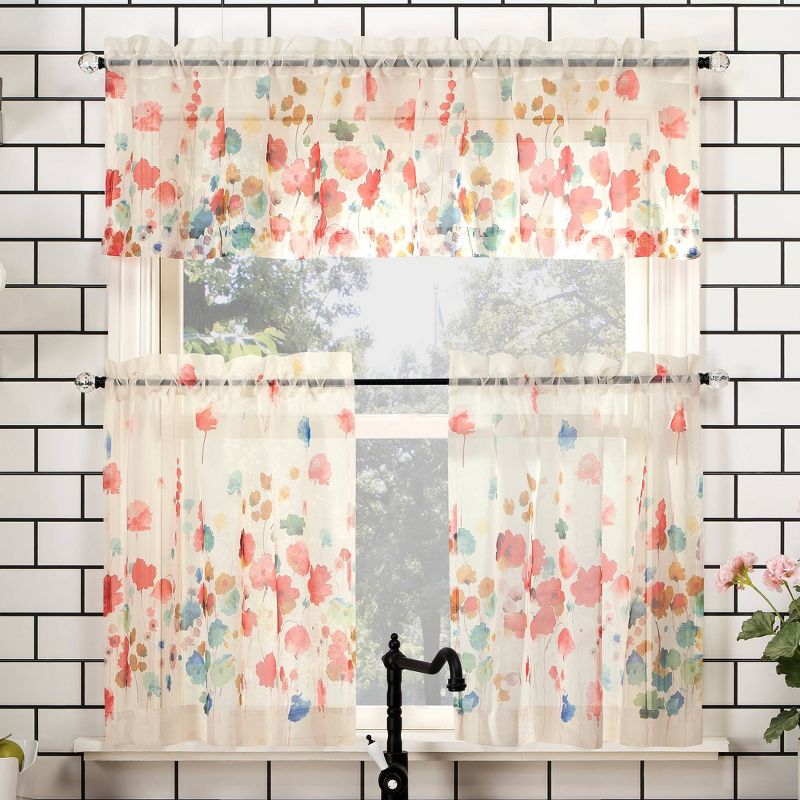 14"x54" Rosalind Watercolor Floral Semi-Sheer Rod Pocket Kitchen Curtain Valance Poppy Red - No. 918