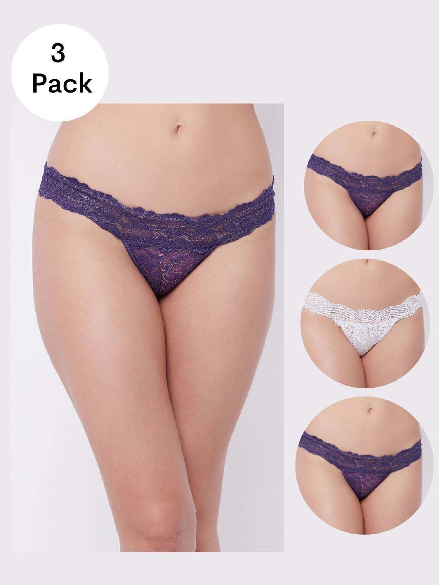 Secrets By ZeroKaata White & Purple Lace Work Bikini Panty - Pack Of 3